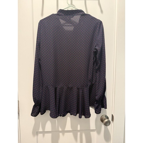 Ralph Lauren Tie-Neck Georgette Top Navy Blue Crimson Swiss Dots Medium Blouse - Picture 8 of 8